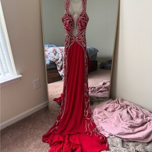 Jovani Red Maxi Dress with Silver Accents